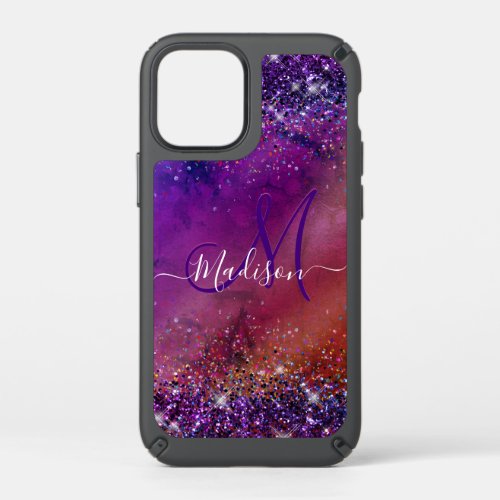 Purple iridescent brushed metal glitter monogram n speck iPhone 12 mini case