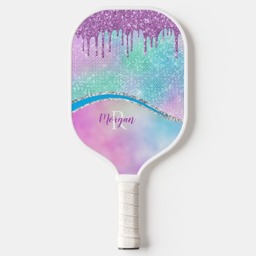 Purple Iridescent  Glitter Drips Name  Monogram Pickleball Paddle