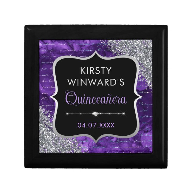 Purple Iridescent Glitter Letters Quinceanera Gift Box (Front)