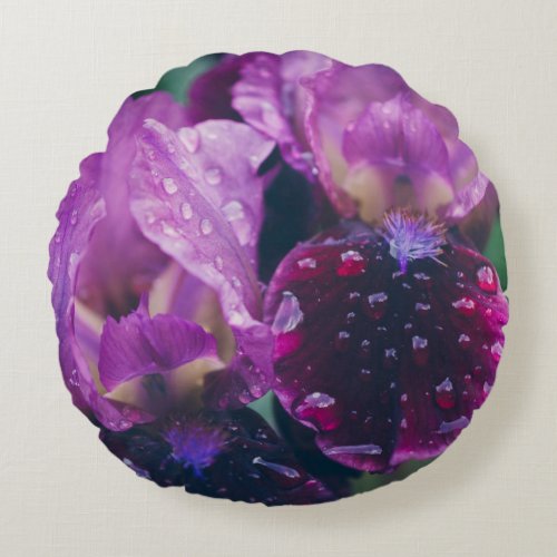 Purple iris after rain round pillow