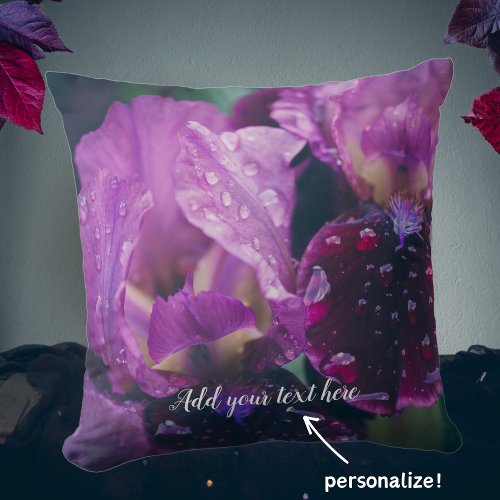 Purple iris after rain  throw pillow