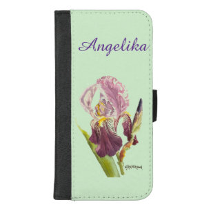 Purple Iris and name place on mint background iPhone 8/7 Plus Wallet Case