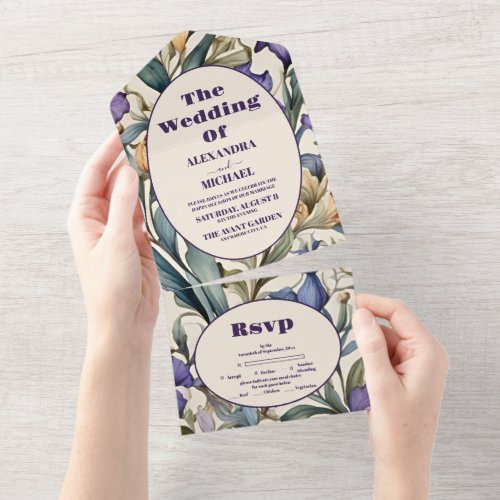 Purple Iris Art Nouveau Wedding All In One Invitation