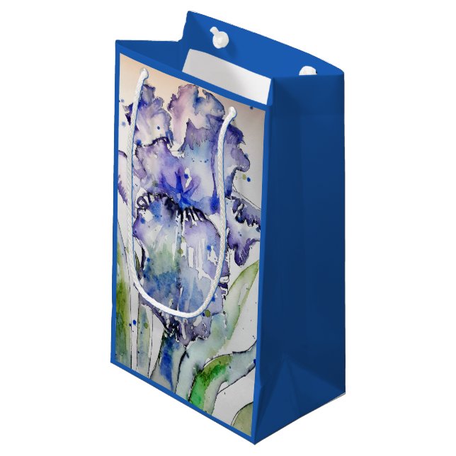 Purple Iris Art Watercolour Birthday Navy Blue Small Gift Bag (Front Angled)