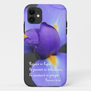 Purple Iris, Bible Verse about Hope, Romans 12:12 iPhone 11 Case