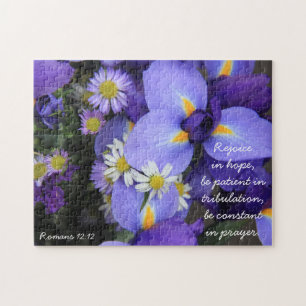 Purple Iris, Bible Verse about Hope, Romans 12:12 Jigsaw Puzzle