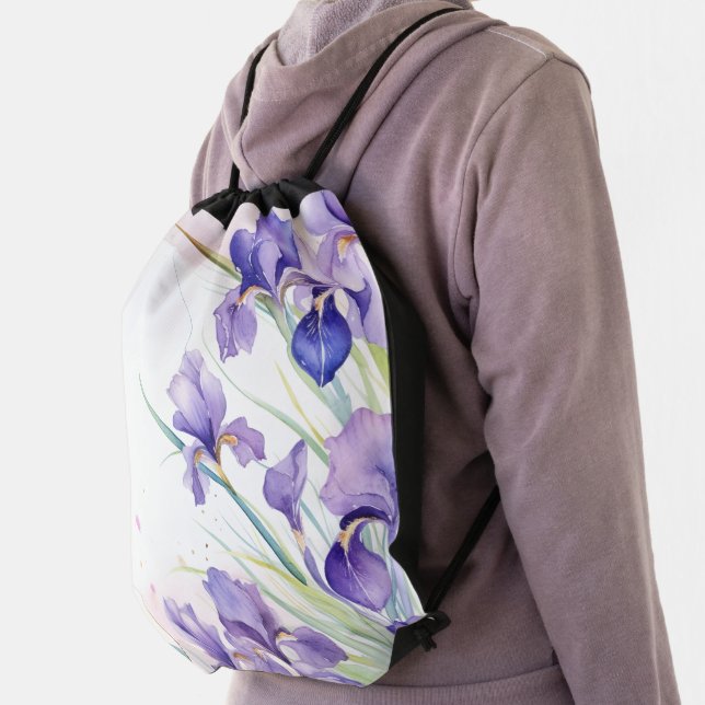 Purple Iris Border On White Drawstring Bag (Insitu)