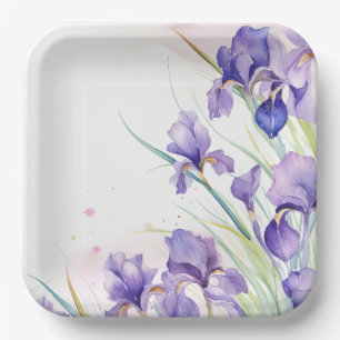 Purple Iris Border On White Paper Plates
