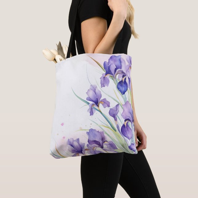 Purple Iris Border On White Tote Bag (Close Up)