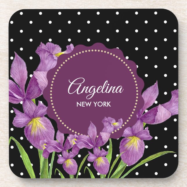 Purple Iris Botanical Black White Polka Dots Beverage Coaster (Front)
