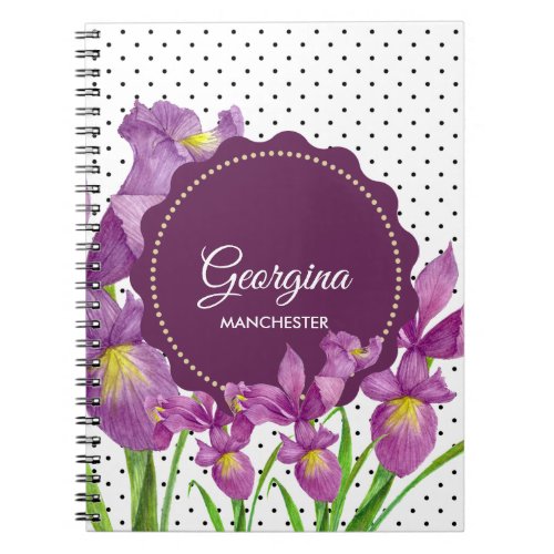 Purple Iris Botanical Black White Polka Dots Notebook