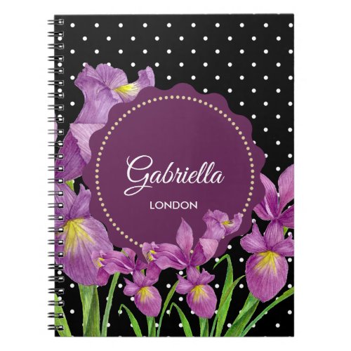 Purple Iris Botanical Black White Polka Dots Notebook