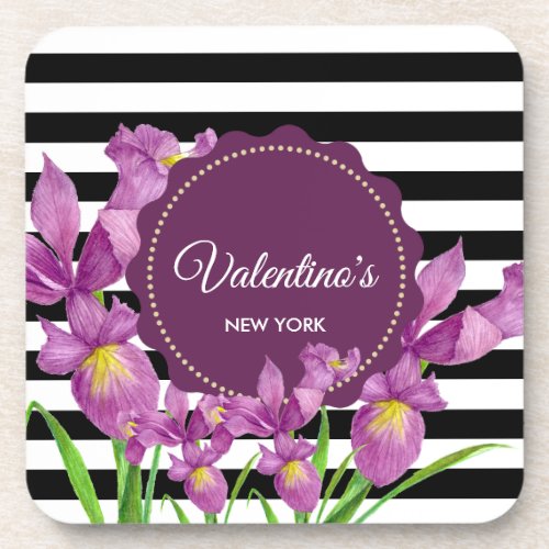 Purple Iris Botanical Black White Stripes Pattern Beverage Coaster