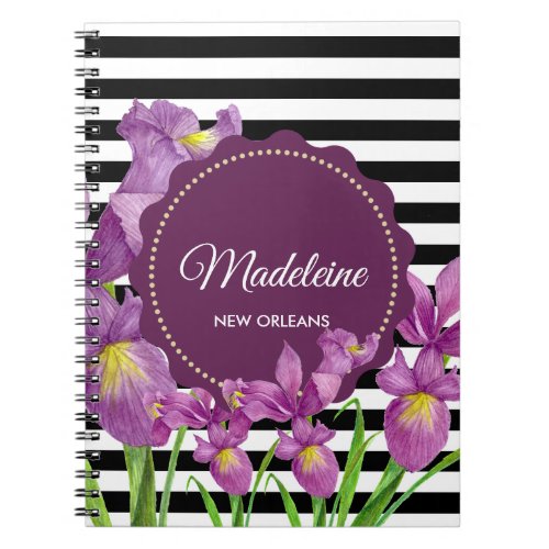 Purple Iris Botanical Black White Stripes Pattern Notebook