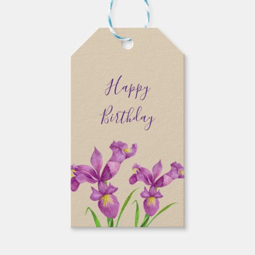 Purple Iris Botanical Floral Art Happy Birthday Gift Tags