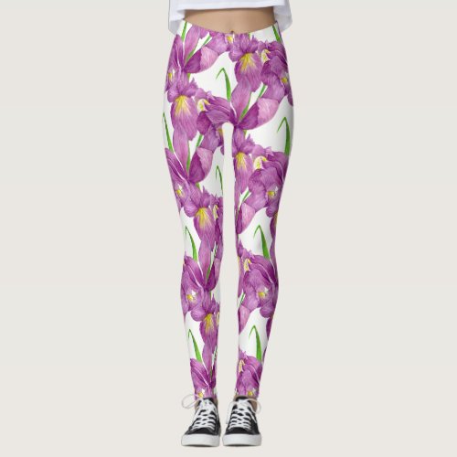 Purple Iris Botanical Floral Art Leggings