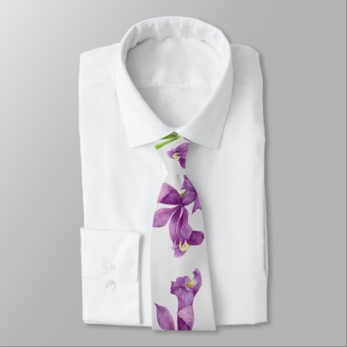 Purple Iris Botanical Floral Gray Background Neck Tie