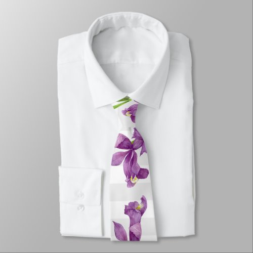 Purple Iris Botanical Floral Gray White Stripes Neck Tie