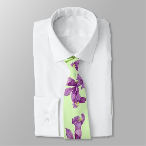 Purple Iris Botanical Floral Green Background Neck Tie