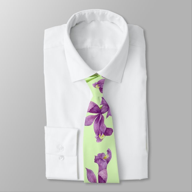 Purple Iris Botanical Floral Green Background Neck Tie (Tied)