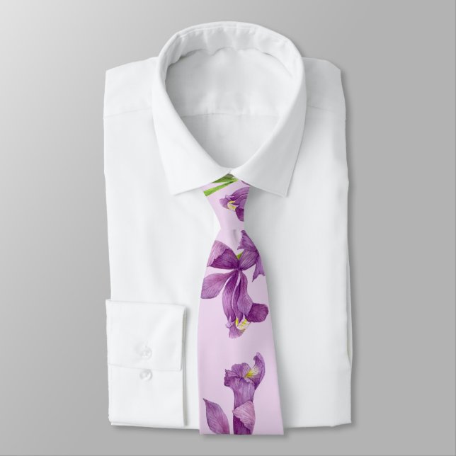Purple Iris Botanical Floral Lavender Background Neck Tie (Tied)