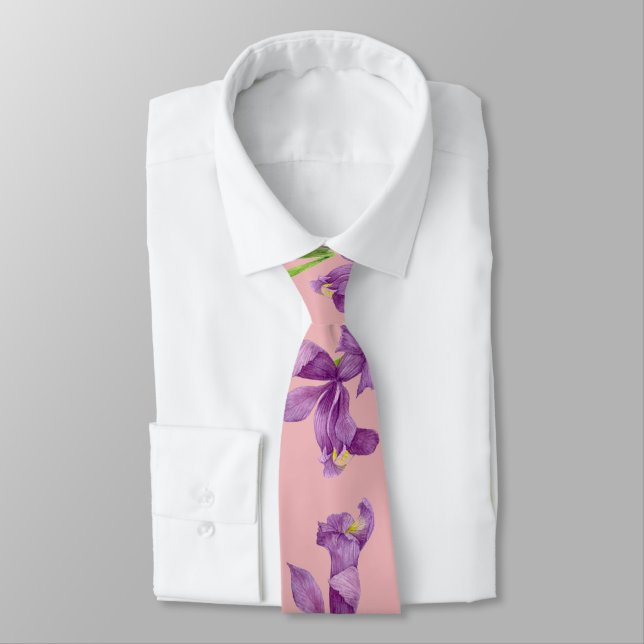 Purple Iris Botanical Floral Pink Background Neck Tie (Tied)