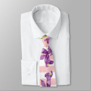 Purple Iris Botanical Floral Pink White Stripes Neck Tie