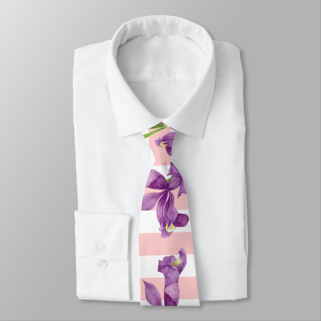 Purple Iris Botanical Floral Pink White Stripes Neck Tie (Tied)