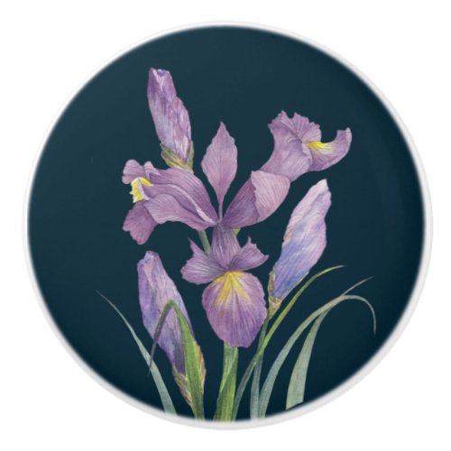 Purple Iris Botanical Floral Plain Dark Turquoise  Ceramic Knob