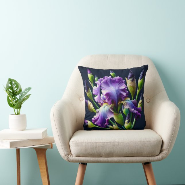 Purple Iris Bouquets On Black Throw Pillow (Chair)