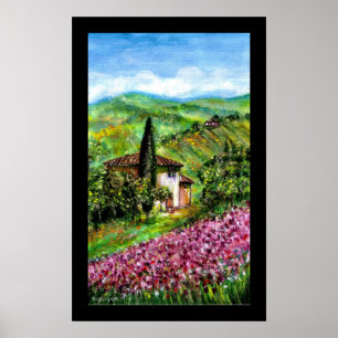 PURPLE IRIS FIELDS IN GREEN TUSCANY LANDSCAPE POSTER