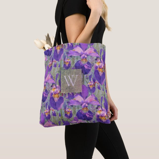 Purple Iris Floral Monogrammed Initial Tote Bag (Close Up)