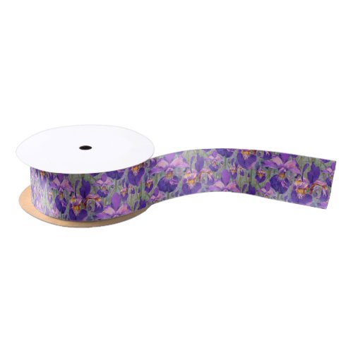 Purple Iris Floral Pattern Satin Ribbon