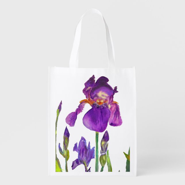 Purple Iris floral Reusable Grocery Bag (Front)