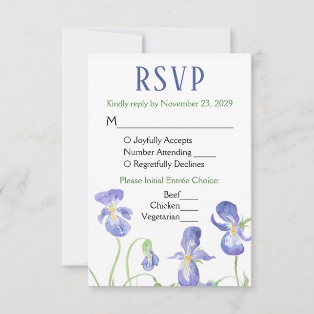 Purple Iris Floral RSVP Wedding Response Meal Menu (Front)