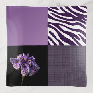 Purple Iris Flower and Zebra Stripe Tile Patchwork Trinket Trays