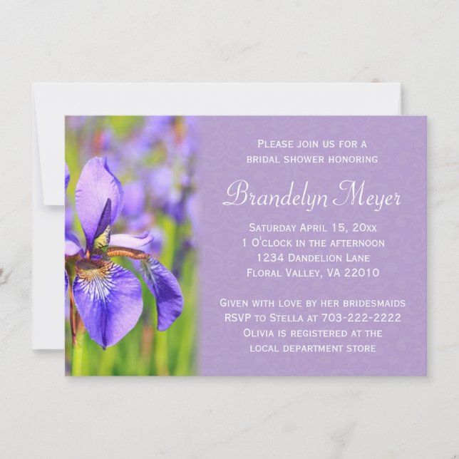 Purple Iris Flower Damask Bridal Shower Invitation (Front)
