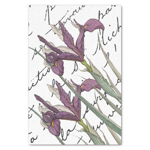 Purple Iris Flower French Script Vintage Decoupage Tissue Paper