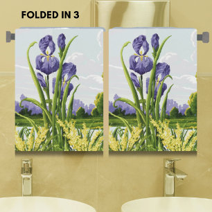 Purple Iris Flower + Green Field Botanical Art Hand Towel
