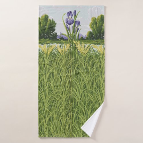 Purple Iris Flower  Green Field Vintage Botanical Bath Towel