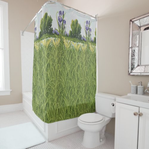 Purple Iris Flower  Green Field Vintage Botanical Shower Curtain