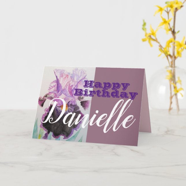 Purple Iris Flower Happy Birthday Womans Name Card (Yellow Flower)