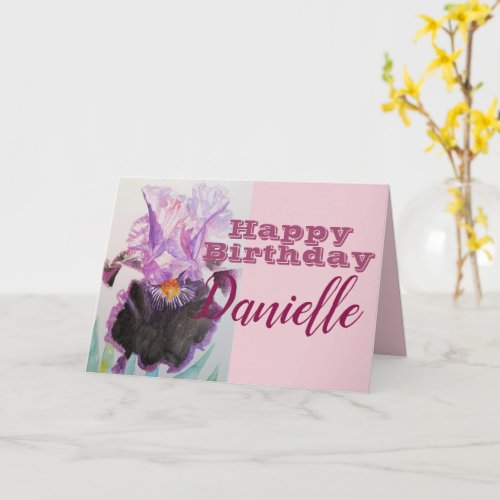 Purple Iris Flower Happy Birthday Womans Name Card