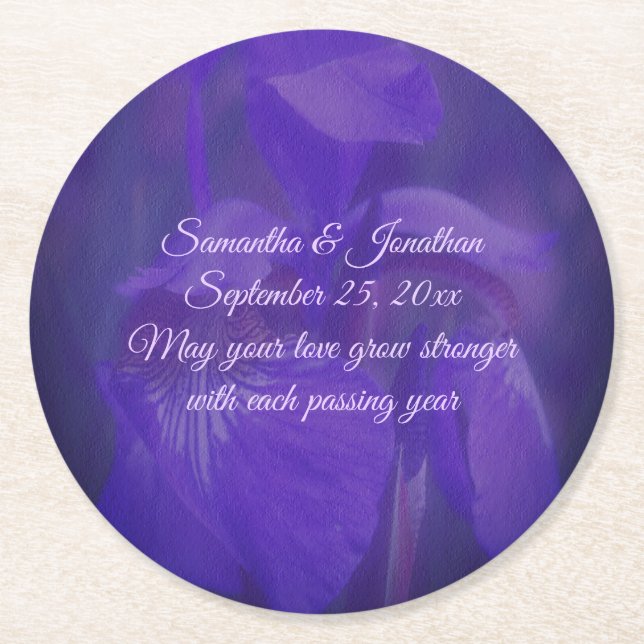 Purple Iris Flower Personalized Wedding  Round Paper Coaster (Front)