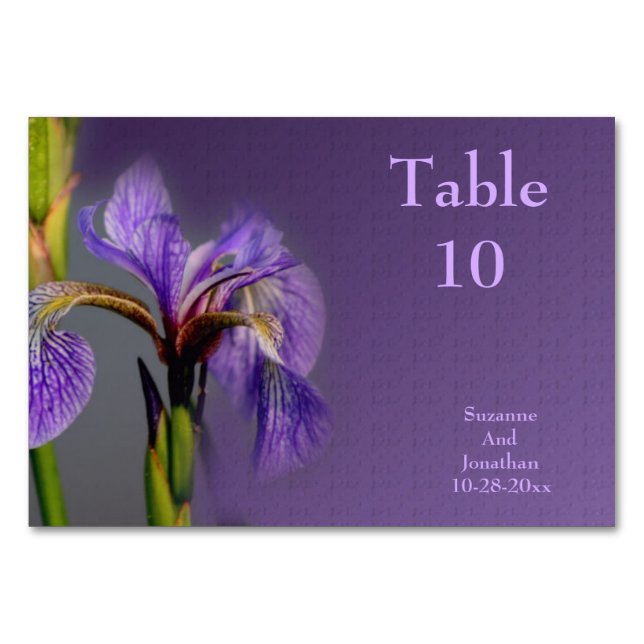 Purple Iris Flower Personalized Wedding  Table Number (Front)