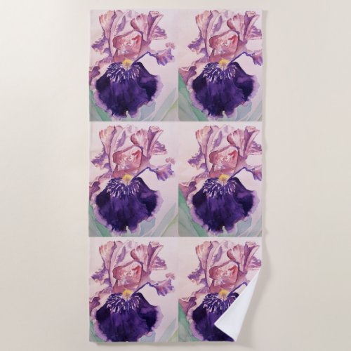 Purple Iris Flower Watercolor Floral Beach Towel