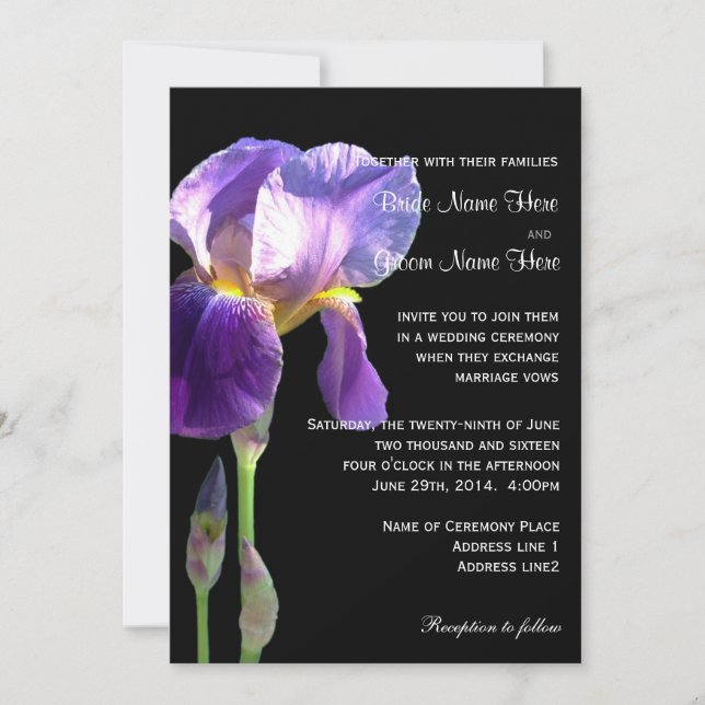 Purple iris flower wedding invitation (Front)