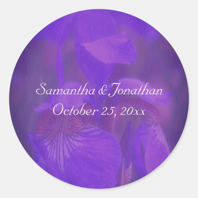Purple Iris Flower Wedding Personalized Classic Round Sticker (Front)