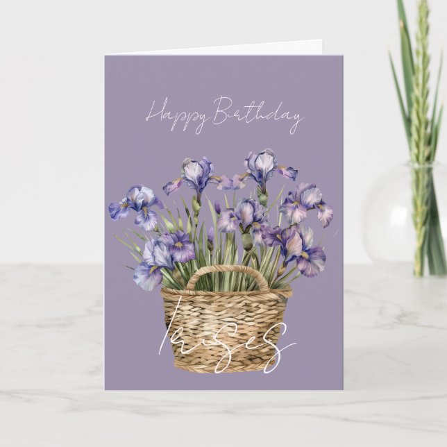 Purple Iris Flowers Basket Birthday Card (Front)