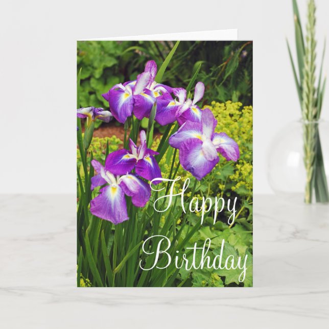 Purple iris flowers birthday greeting card (Front)